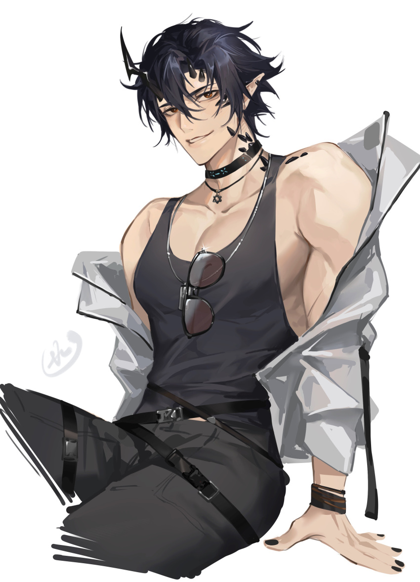 1boy, 70281510, absurdres, arknights, bishounen, black_hair, black_nails, black_shirt