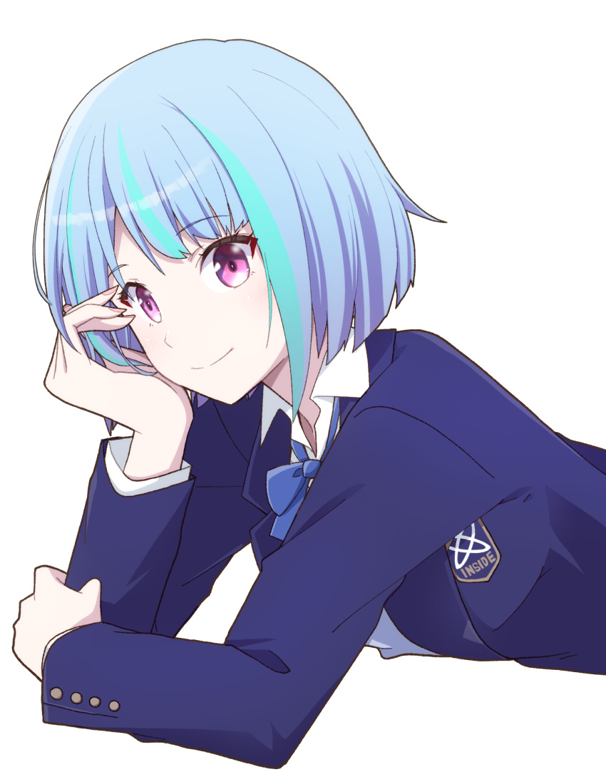 1girl, bangs, blazer, blue_hair, blush, collared_shirt, emblem, hand_on_own_cheek, hand_on_own_face, head_rest, highres, inside-chan_mk.iii, inside-games_(media), jacket, long_sleeves, looking_at_viewer, lying, multicolored_hair, neck_ribbon, on_stomach, pink_eyes, ribbon, school_uniform, shirt, short_hair, smile, solo, streaked_hair, tonogai_yoshiki, virtual_youtuber