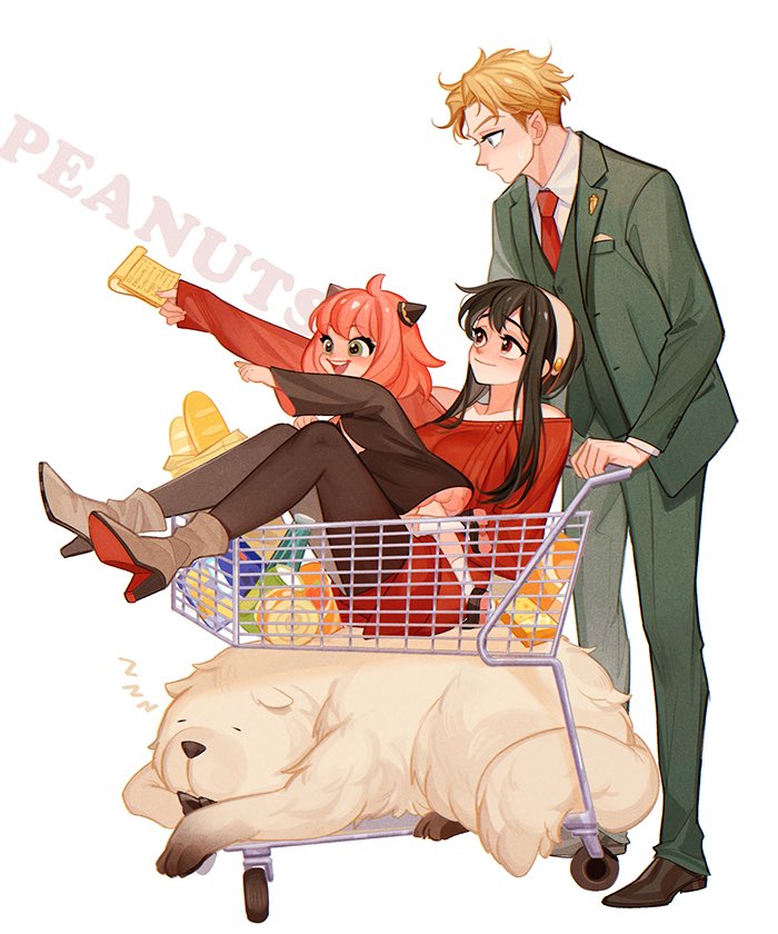 1boy, 2girls, :d, anya_(spy_x_family), bag, baguette, bangs, black_hair