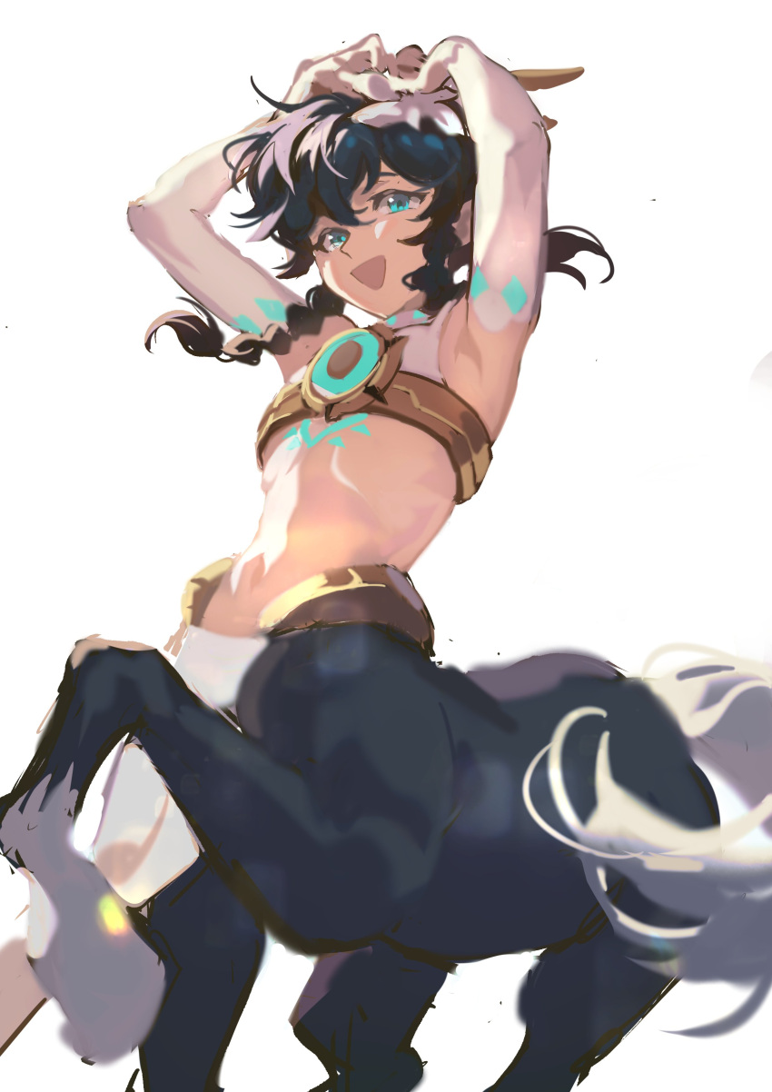 1boy, :d, absurdres, aqua_eyes, armpits, arms_up, bangs, bare_shoulders