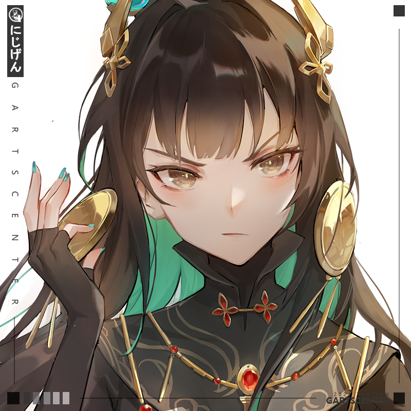 black_hair, chinese_clothes, crown, earrings, g-arts, glaring, gold_earrings, green_hair