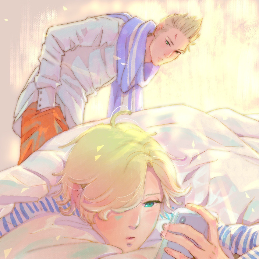 2boys, axis_powers_hetalia, blonde_hair, blue_scarf, brothers, curtains, green_eyes, highres, indoors, leaning_forward, looking_at_phone, luxembourg_(hetalia), multiple_boys, netherlands_(hetalia), one_eye_covered, phone, scar, scar_on_face, scarf, siblings, under_covers, yokkorashoichi