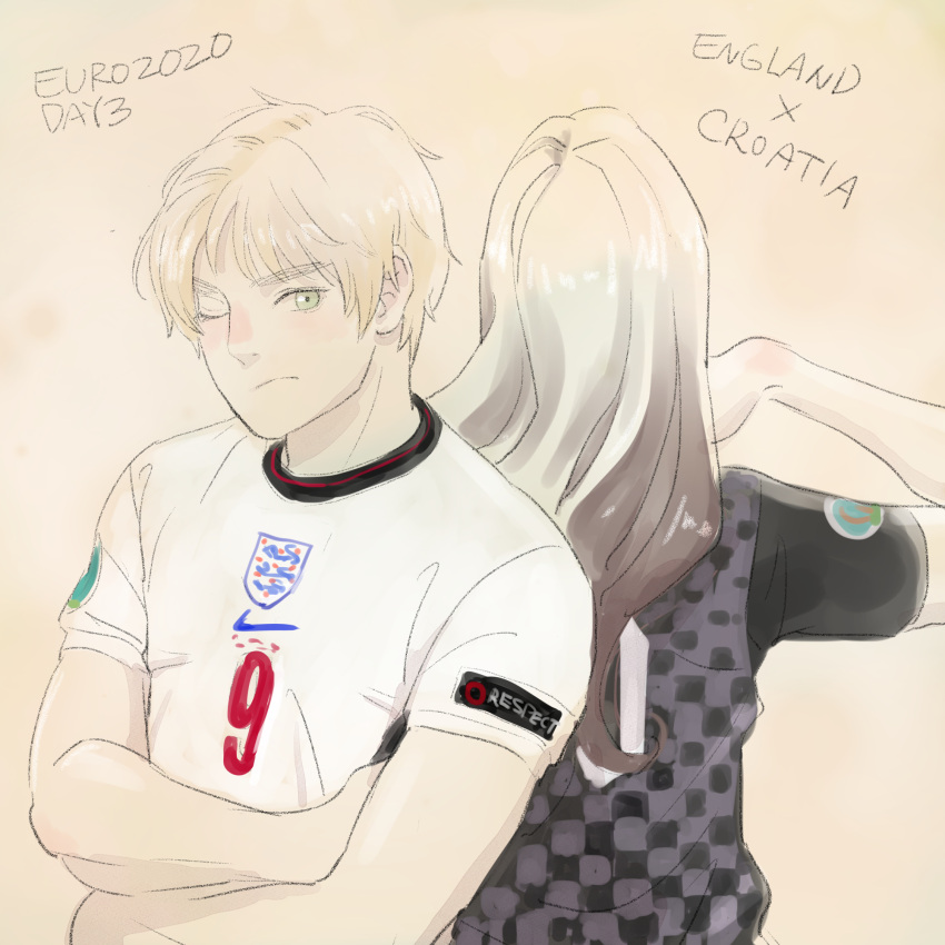 1boy, 1girl, ;/, axis_powers_hetalia, blonde_hair, brown_hair, checkered_clothes, checkered_skirt