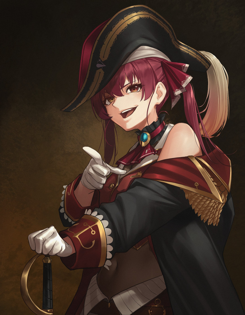 1girl, absurdres, arrow_through_heart, ascot, bangs, bare_shoulders, belt, bicorne