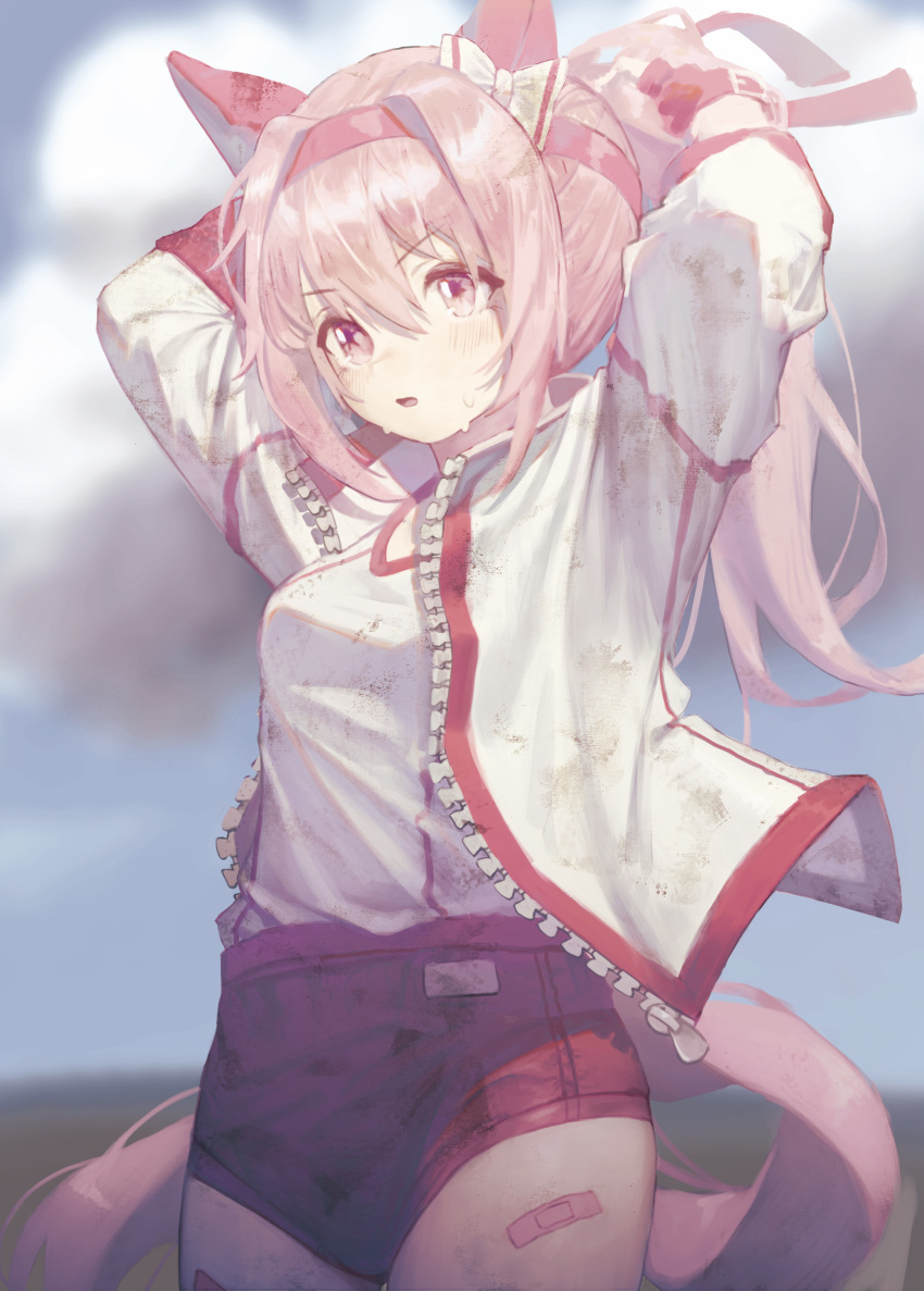 1girl, absurdres, adjusting_clothes, adjusting_headwear, animal_ears, blurry, blurry_background, blush