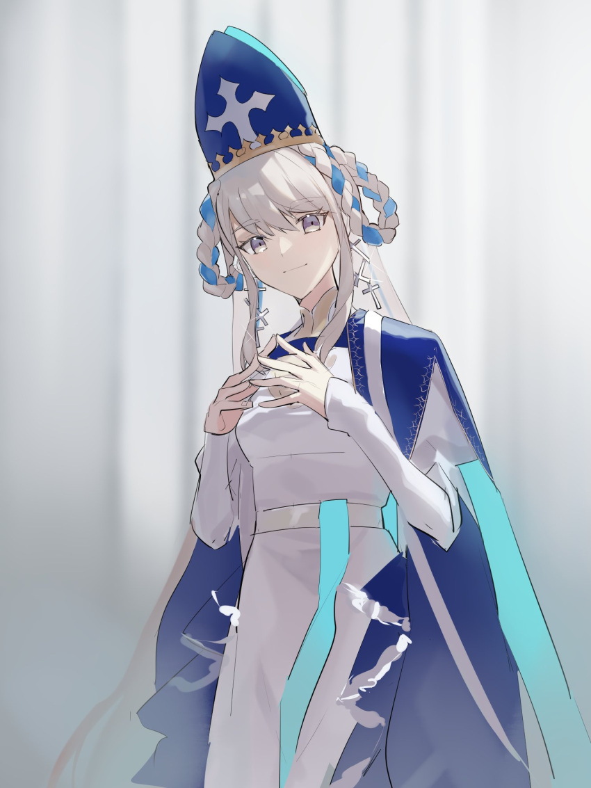 1girl, bangs, blue_hair, braid, cross, cross_earrings, dress, earrings, fate/grand_order, fate_(series), grape_(pixiv27523889), grey_hair, hair_rings, hat, highres, jewelry, long_hair, long_sleeves, looped_braids, mitre, multicolored_hair, pope_joan_(fate), sidelocks, smile, solo, steepled_fingers, twin_braids, two-tone_hair, violet_eyes, white_dress