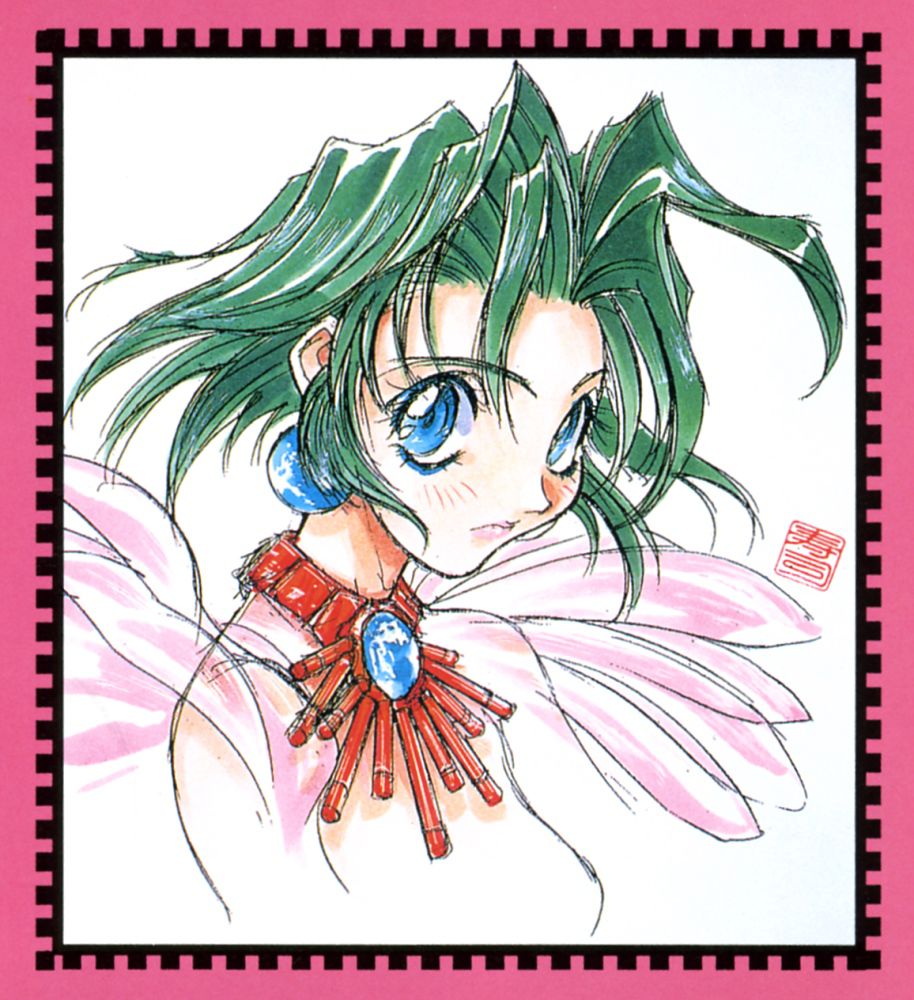 1990s_(style), 1girl, blue_eyes, border, earrings, ellis_(toushinden), expressionless, green_hair