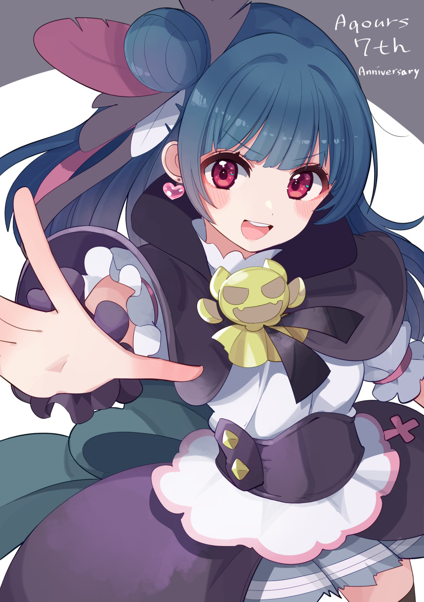 1girl, :d, absurdres, bangs, black_capelet, black_skirt, blue_hair, blunt_bangs