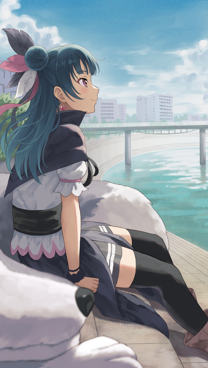 1girl, animal, black_capelet, black_skirt, blue_hair, blurry, botan_m, bridge