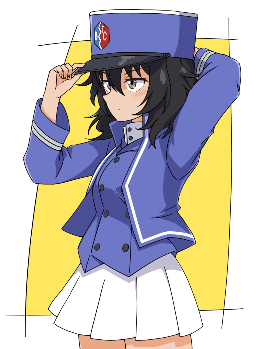 adjusting_clothes, adjusting_headwear, andou_(girls_und_panzer), bc_freedom_(emblem), bc_freedom_military_uniform, black_hair, blue_headwear, blue_jacket, blue_vest, brown_eyes, cowboy_shot, dark-skinned_female, dark_skin, dress_shirt, emblem, from_side, girls_und_panzer, hachiko_(kota091986), hand_on_headwear, hat, high_collar, highres, jacket, kepi, long_sleeves, looking_to_the_side, medium_hair, messy_hair, military_hat, pleated_skirt, shirt, skirt, vest, white_shirt, white_skirt