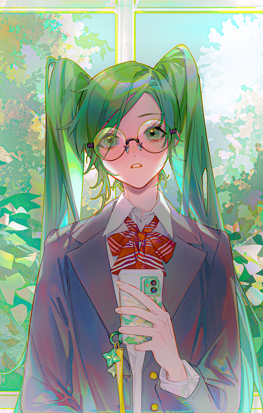 1girl, bangs, black_jacket, bow, bowtie, collared_shirt, green_eyes, green_hair