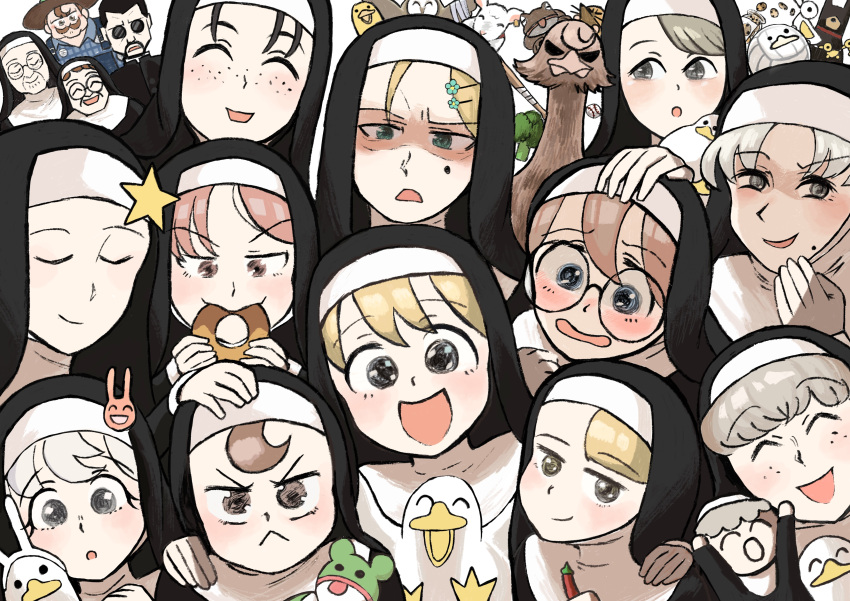 2boys, 6+girls, :<, absurdres, barn_owl, bird, blonde_hair, broccoli, brown_hair, bunny_hair_ornament, bunny_nun_(diva), catholic, chili_pepper, closed_eyes, clumsy_nun_(diva), diva_(hyxpk)_(style), doberman, duck, father_(diva), freckles_nun_(diva), frog, froggy_nun_(diva), glasses_nun_(diva), grey_hair, grumpy_nun_(diva), habit, hair_ornament, hand_puppet, highres, hungry_nun_(diva), lamb, leaf_nun_(diva), little_nuns_(diva), mole, mother_superior_(diva), multiple_boys, multiple_girls, music_hour, nun, ostrich, puppet, sheep, sheep_nun_(diva), smile, smug_nun_(diva), spicy_nun_(diva), star_nun_(diva), stuffed_animal, stuffed_frog, stuffed_toy, upper_body