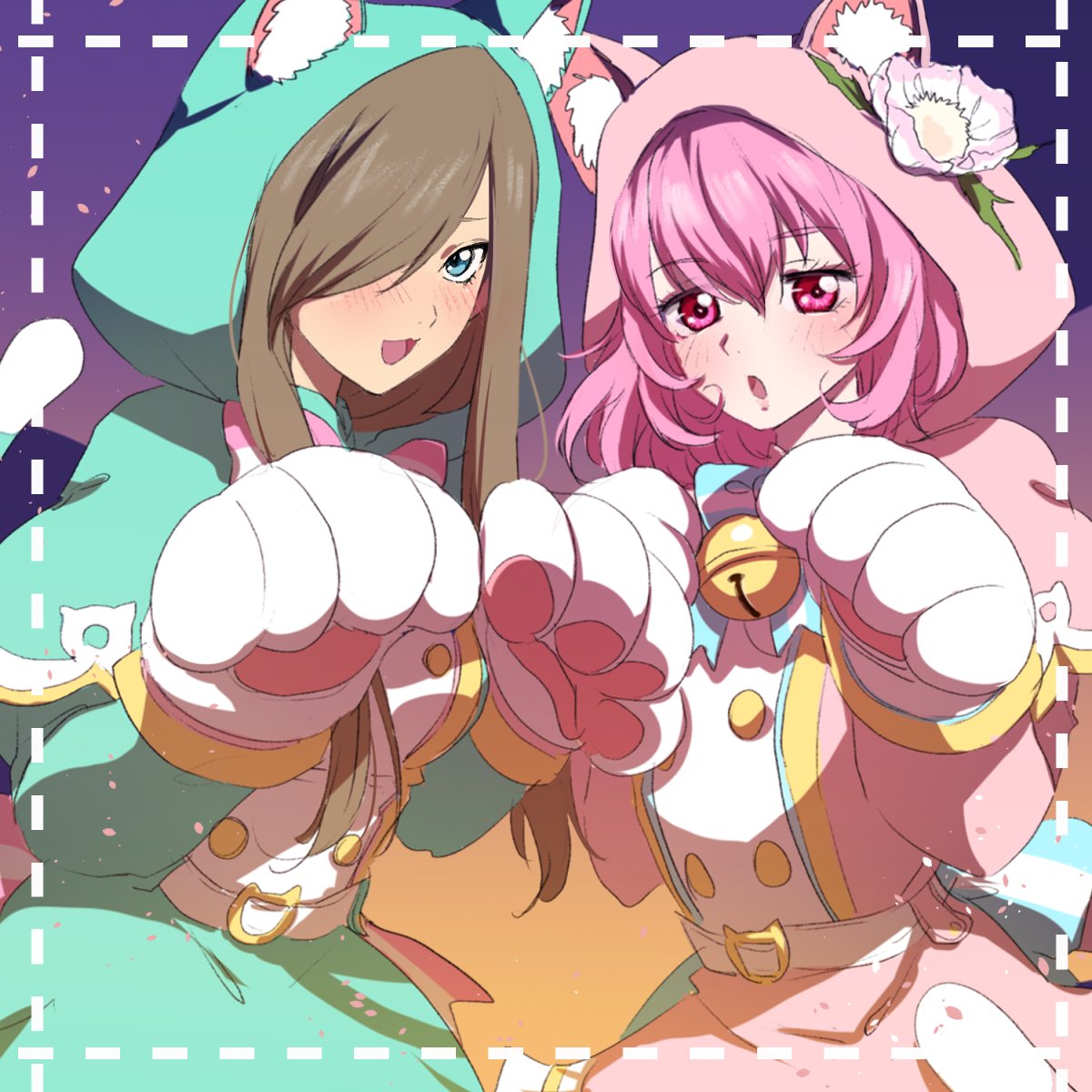 2girls, animal_ears, animal_hood, bell, belt, blue_eyes, blush, brown_hair, cat_ears, cat_hood, cat_tail, gloves, hair_over_one_eye, highres, hood, jingle_bell, long_hair, misella, multiple_girls, open_mouth, paw_pose, pink_eyes, pink_hair, sidelocks, tail, tales_of_(series), tales_of_crestoria, tales_of_the_abyss, tear_grants, tusia