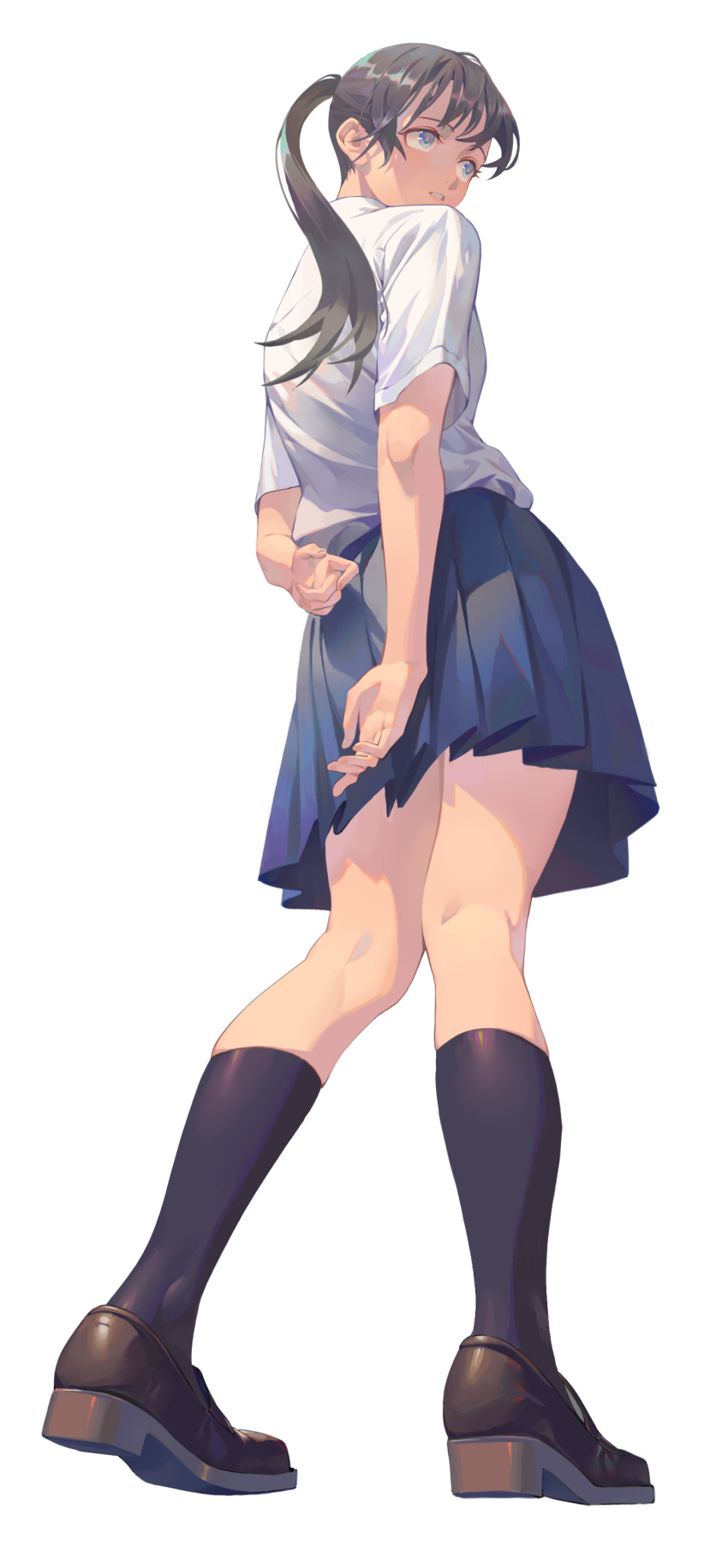 1girl, absurdres, bangs, black_legwear, blue_eyes, blue_skirt, brown_footwear, brown_hair