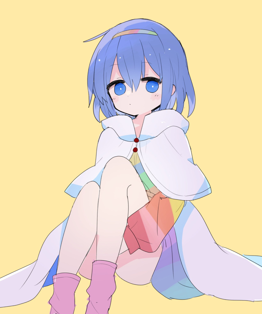 1girl, 76gpo, blue_eyes, blue_hair, blush, cloak, closed_mouth, dress