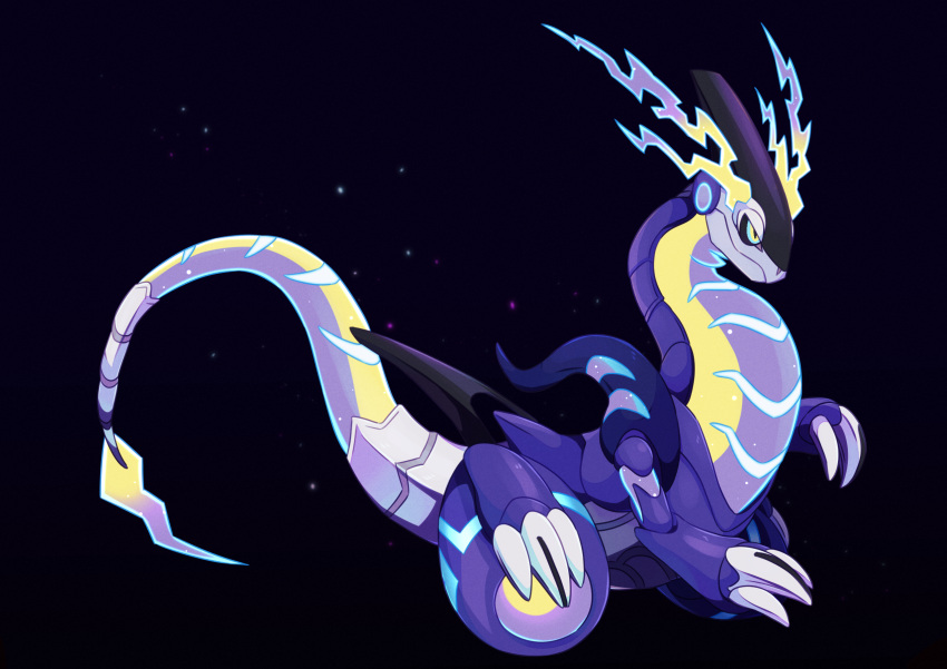 black_background, black_sclera, claws, closed_mouth, colored_sclera, commentary_request, from_side, full_body