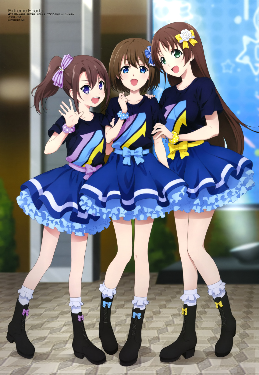 2girls, :d, absurdres, black_footwear, black_shirt, blue_eyes, blue_skirt, boots