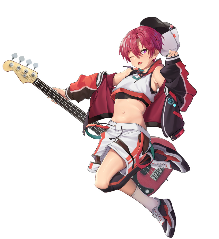 1boy, abs, absurdres, bass_guitar, crop_top, guitar, guppydaze, hat