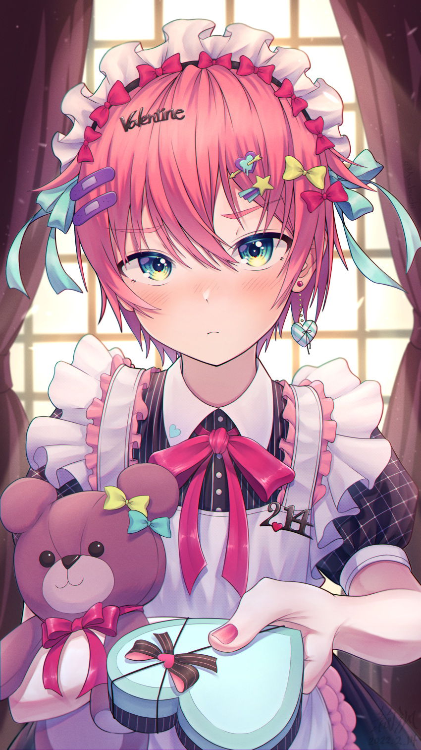 1boy, absurdres, apron, ayabuchi, blue_eyes, blush, box, box_of_chocolates, candy, chocolate, closed_mouth, crossdressing, food, heart, heart-shaped_chocolate, highres, looking_at_viewer, maid, maid_apron, maid_headdress, male_focus, nail_polish, original, otoko_no_ko, pink_hair, pink_theme, short_hair, solo, stuffed_animal, stuffed_toy, teddy_bear, valentine