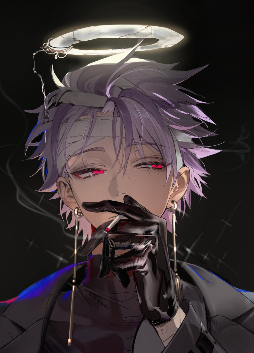 1boy, absurdres, bandaged_hand, bandaged_wrist, bandages, black_background, black_gloves, cigarette