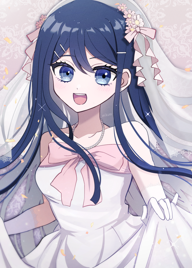 1girl, :d, alternate_costume, bangs, bare_shoulders, blue_eyes, bow, bowtie