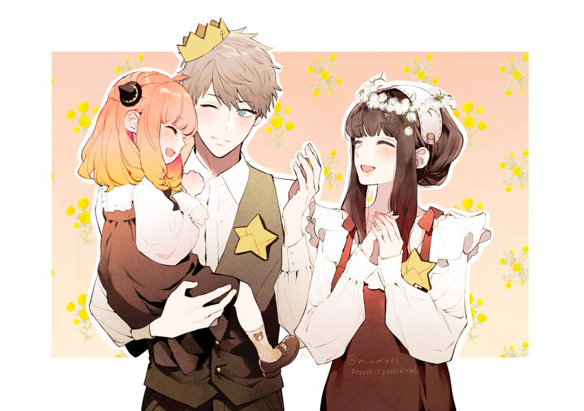 1boy, 2girls, absurdres, anya_(spy_x_family), black_dress, black_hair, blonde_hair, blue_eyes