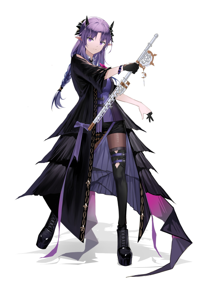 1girl, absurdres, ankle_boots, arknights, bangs, black_coat, black_footwear, black_gloves, black_legwear, black_shorts, boots, braid, breasts, cigarette_p, closed_mouth, coat, finger_cots, flute, full_body, gloves, hibiscus_(arknights), hibiscus_the_purifier_(arknights), highres, holding, holding_instrument, horns, instrument, large_breasts, layered_clothes, legwear_under_shorts, long_hair, long_sleeves, looking_at_viewer, open_clothes, open_coat, pantyhose, parted_bangs, pointy_ears, purple_hair, short_shorts, shorts, single_braid, single_glove, smile, solo, standing, standing_on_one_leg, violet_eyes, wristband