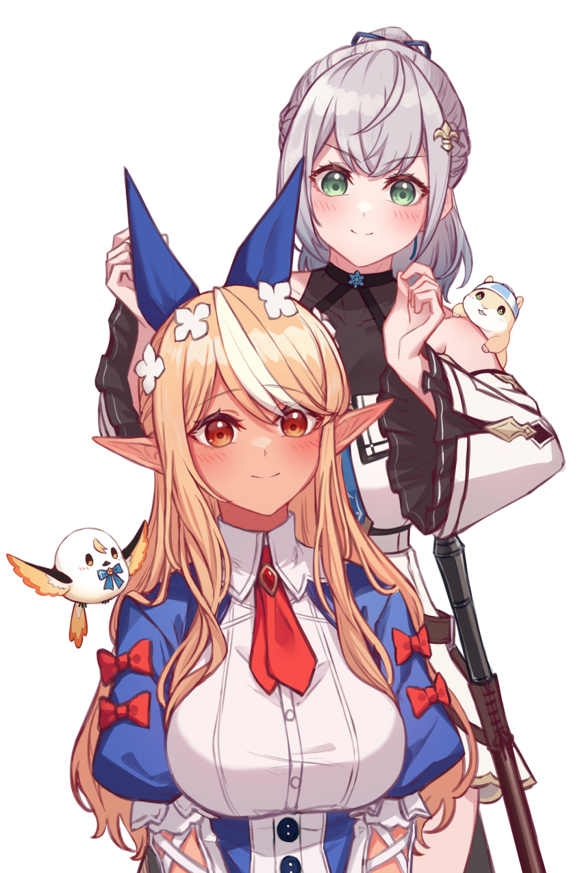 absurdres, blonde_hair, bow, breasts, couple, dark-skinned_female, dark_elf, dark_skin