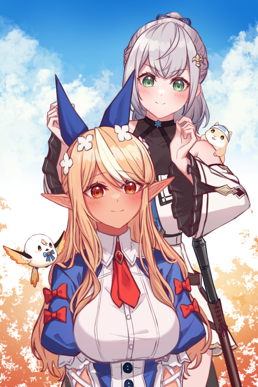 absurdres, blonde_hair, bow, breasts, couple, dark-skinned_female, dark_elf, dark_skin