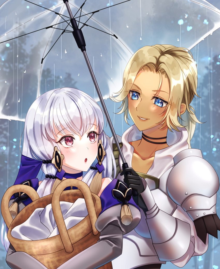 2girls, :o, armor, ayn_(ayn_kau), bangs, basket, blonde_hair, blue_eyes, blush, breastplate, catherine_(fire_emblem), collarbone, commentary_request, commission, dark-skinned_female, dark_skin, dress, fire_emblem, fire_emblem:_three_houses, forehead, gauntlets, grey_sleeves, grin, hair_between_eyes, height_difference, highres, holding, holding_basket, holding_umbrella, lips, long_hair, looking_at_another, lysithea_von_ordelia, medium_hair, multiple_girls, object_hug, outdoors, parted_bangs, pink_eyes, pink_lips, ponytail, purple_dress, rain, shoulder_armor, skeb_commission, smile, teeth, umbrella, upper_body, veil, white_hair