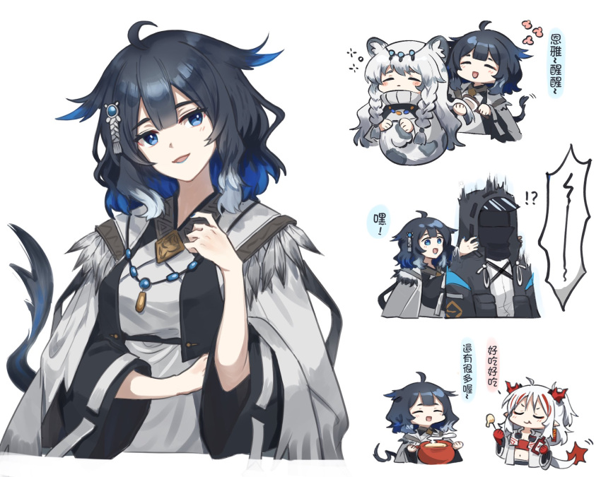 1other, 3girls, ambiguous_gender, animal_ears, arknights, brushing_hair, chibi, closed_eyes