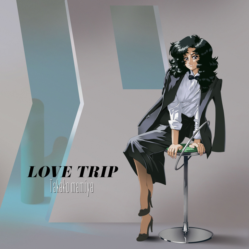 1980s_(style), 1girl, absurdres, album_cover_redraw, black_eyes, black_hair, bow, bowtie, closed_mouth, clothing_request, dennis_pulido, dennispulido, derivative_work, english_commentary, highres, love_trip, medium_hair, real_life, retro_artstyle, shiny, shiny_hair, sleeves_rolled_up, takako_mamiya