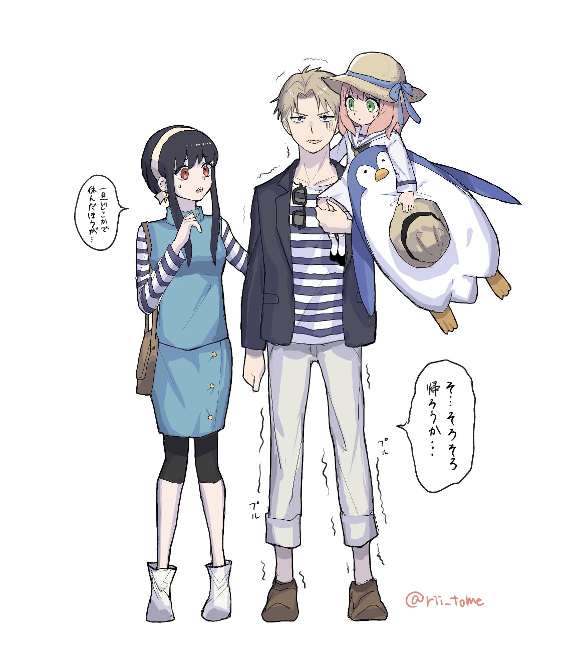 1boy, 2girls, anya_(spy_x_family), bangs, black_hair, black_jacket, blonde_hair, blue_dress, blue_eyes, blue_ribbon, brown_footwear, carrying, closed_mouth, commentary_request, dress, female_child, full_body, green_eyes, hairband, hand_up, hat, hat_ribbon, highres, holding, holding_clothes, holding_hat, holding_stuffed_toy, jacket, long_sleeves, looking_at_another, multiple_girls, open_mouth, pants, pink_hair, red_eyes, ribbon, rii_tome, shirt, short_hair, sidelocks, simple_background, speech_bubble, spy_x_family, standing, striped, striped_shirt, stuffed_animal, stuffed_penguin, stuffed_toy, sunglasses, translation_request, trembling, turn_pale, twilight_(spy_x_family), twitter_username, white_background, white_dress, white_footwear, white_hairband, white_pants, yor_briar