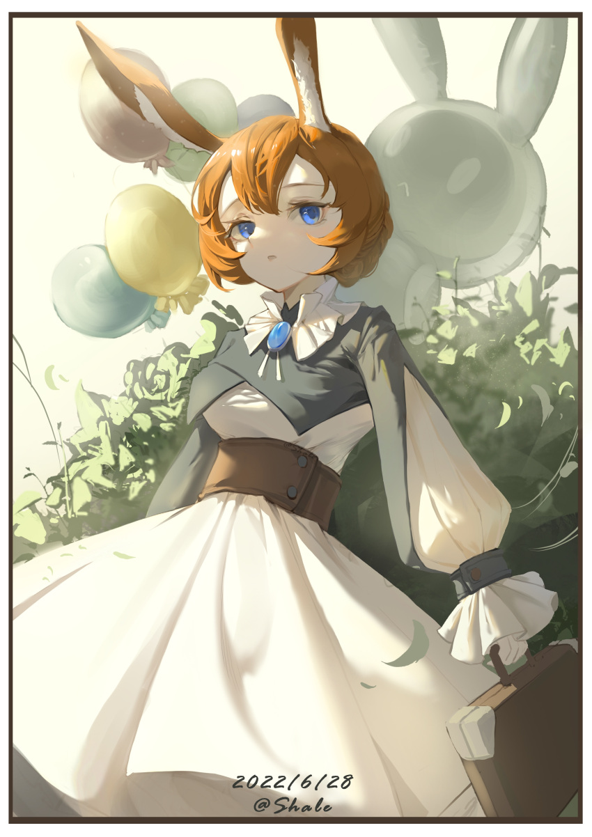 1girl, absurdres, alternate_costume, alternate_hairstyle, amiya_(arknights), animal_ear_fluff, animal_ears, arknights, balloon, bangs, blue_eyes, blue_gemstone, border, braid, breasts, brooch, bunny_balloon, bush, corset, cowboy_shot, dated, day, dress, gem, highres, holding, holding_suitcase, jewelry, long_sleeves, medium_breasts, outdoors, parted_lips, puffy_long_sleeves, puffy_sleeves, rabbit_ears, short_hair, solo, suitcase, sunlight, white_border, white_dress, yeyan_shale