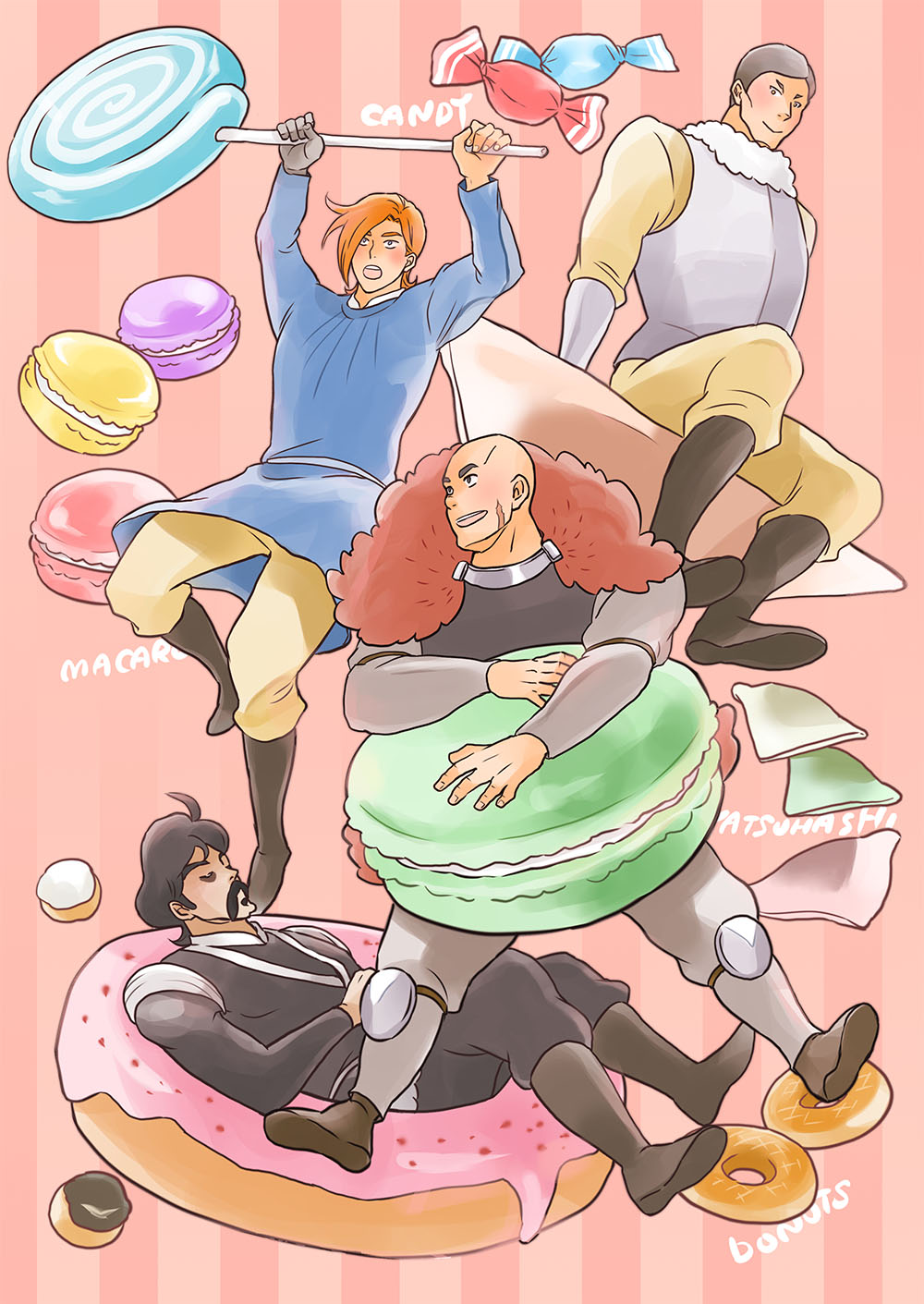 4boys, apis_(ousama_ranking), armor, bald, bebinn, black_hair, black_pants, blue_tunic