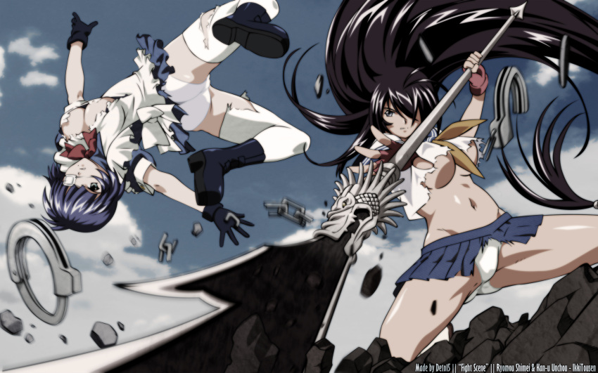 black_hair, blue_hair, boots, bra, breasts, cleavage, cuffs, eyepatch