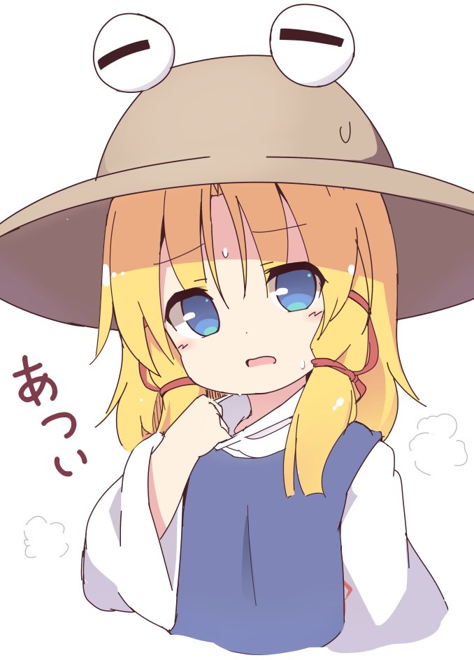 1girl, baku-p, bangs, blonde_hair, blue_eyes, brown_headwear, clothes_pull, cropped_torso