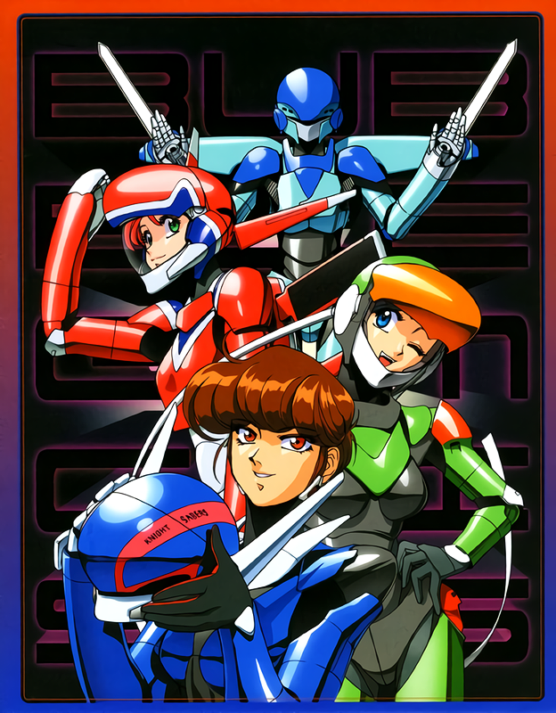 1980s_(style), bangs, blue_eyes, border, brown_hair, bubblegum_crisis, green_eyes, hand_on_hip