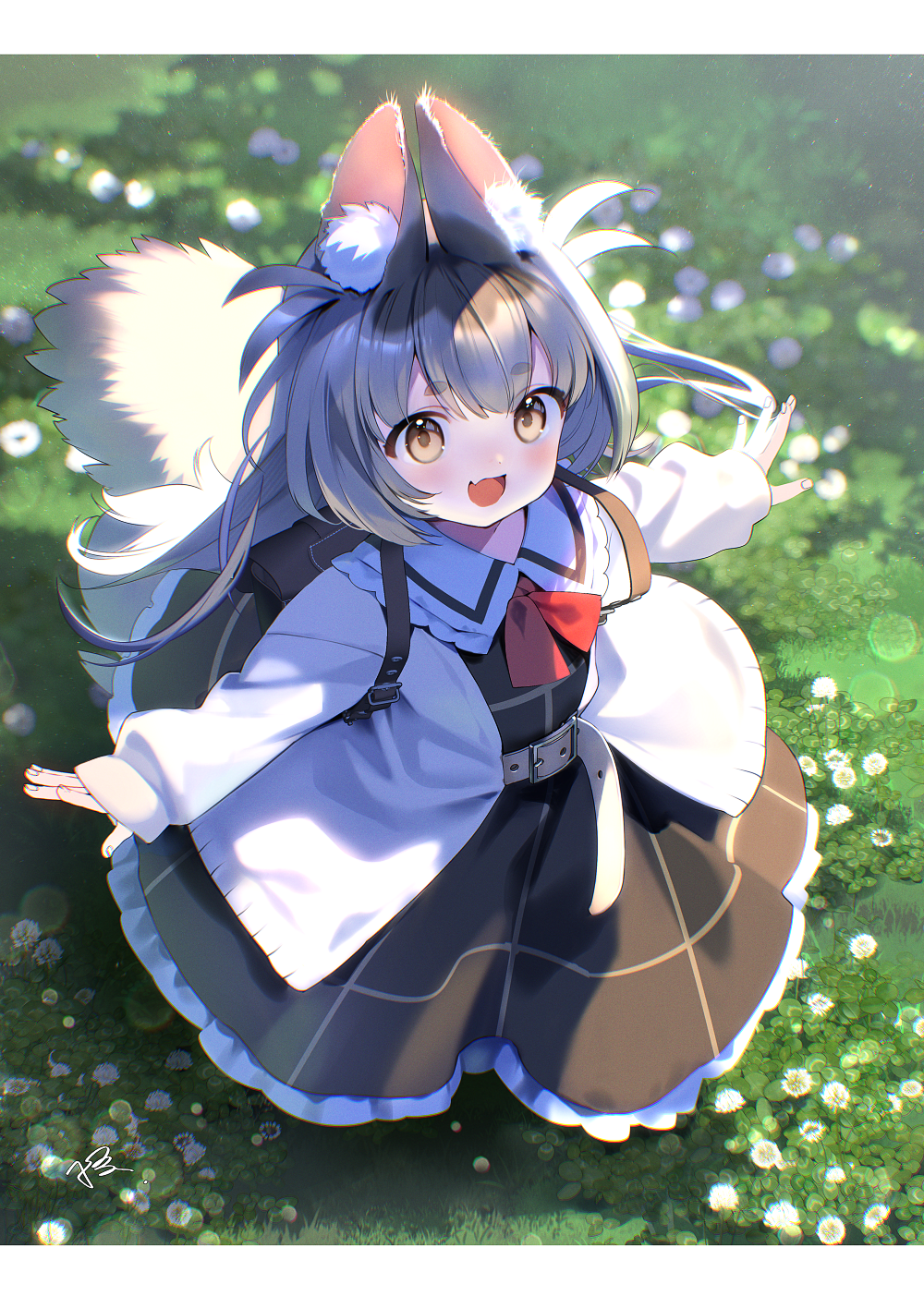 1girl, animal_ear_fluff, animal_ears, belt, brown_dress, brown_eyes, brown_hair, cardigan