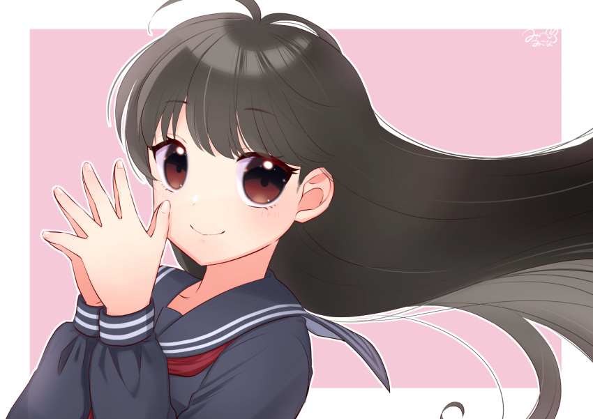 1girl, antenna_hair, bangs, black_hair, blush, border, brown_hair, floating_hair