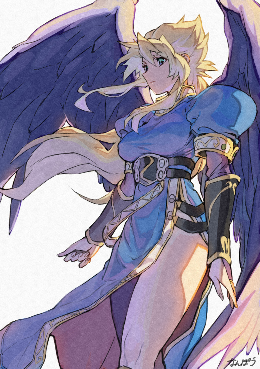 1girl, angel_wings, blonde_hair, blue_dress, boots, breasts, breath_of_fire, breath_of_fire_ii