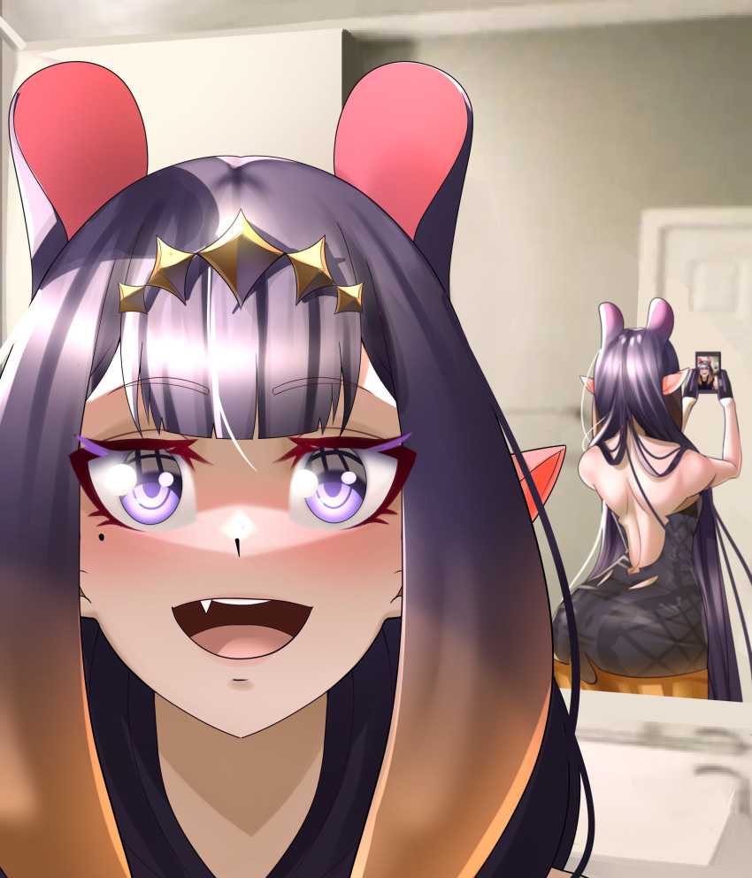 1girl, absurdres, athies, bangs, black_dress, blue_eyes, blunt_bangs, blush, cellphone, dress, highres, hololive, hololive_english, jerma985, long_hair, looking_at_viewer, meme, mirror, mole, mole_under_eye, multicolored_hair, ninomae_ina'nis, open_mouth, orange_hair, phone, pointy_ears, purple_hair, reflection, selfie, short_dress, smartphone, smile, solo, strapless, strapless_dress, tentacle_hair, tentacles, tube_dress, virtual_youtuber