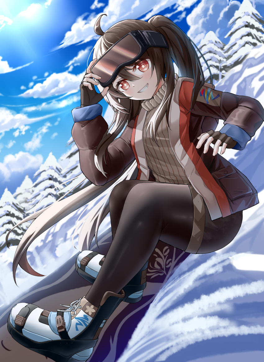 1girl, :d, absurdres, adjusting_eyewear, ahoge, alternate_costume, ass, bangs