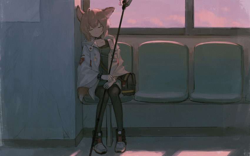 1girl, ahoge, animal_ears, arknights, bag, bangs, black_choker, black_footwear, black_legwear, blue_shirt, boots, choker, closed_eyes, cross, evening, film_grain, fox_ears, fox_girl, fox_tail, full_body, gloves, hai_(haihki), highres, holding, holding_staff, id_card, indoors, infection_monitor_(arknights), jacket, knees_together_feet_apart, leaning_on_object, long_sleeves, open_clothes, open_jacket, open_mouth, pantyhose, red_cross, shirt, short_hair, shoulder_bag, sitting, sleeping, solo, staff, sussurro_(arknights), tail, two-tone_footwear, white_footwear, white_gloves, white_jacket, wide_sleeves, window