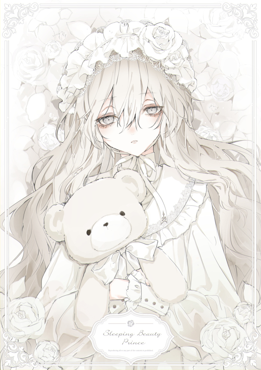 1boy, 81kaia, bishounen, dress, floral_background, flower, grey_hair, head_wreath, highres, lolita_fashion, long_hair, looking_at_viewer, male_focus, original, otoko_no_ko, rose, solo, stuffed_animal, stuffed_toy, teddy_bear, wavy_hair, white_eyes, white_flower, white_rose