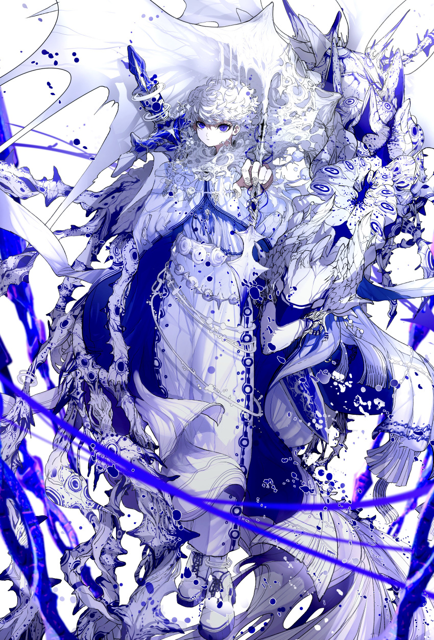 1boy, absurdres, androgynous, blue_eyes, blue_theme, boots, coat, dress, facing_to_the_side, fantasy, highres, looking_at_viewer, male_focus, original, rakugaki_choo, scarf, shoes, short_hair, solo, white_background, white_dress, white_hair, white_theme