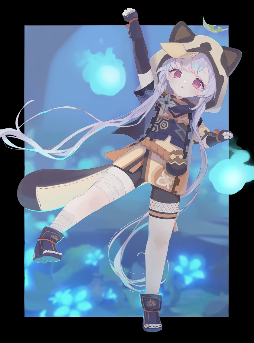 1girl, 750x077, animal_ears, animal_hood, arm_up, bandaged_leg, bandages, bike_shorts, black_footwear, black_gloves, black_shorts, boots, clenched_hands, cosplay, fake_animal_ears, fake_tail, fingerless_gloves, full_body, genshin_impact, gloves, grey_hair, highres, hitodama, hood, japanese_clothes, kimono, leaf, leaf_on_head, legs, long_hair, looking_at_viewer, obi, ofuda, qiqi_(genshin_impact), raccoon_ears, raccoon_tail, red_eyes, sash, sayu_(genshin_impact), sayu_(genshin_impact)_(cosplay), short_kimono, short_shorts, short_sleeves, shorts, solo, tail, thigh_strap, thighs, toeless_footwear, toes