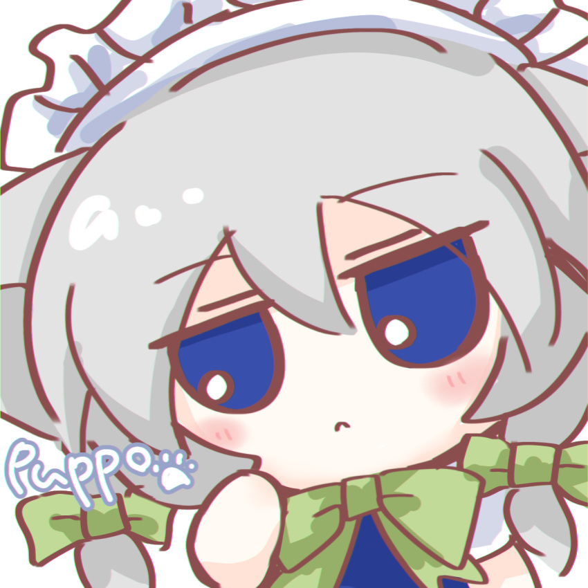 1girl, blue_eyes, bow, bowtie, closed_mouth, commentary_request, frown, fumo_(doll)
