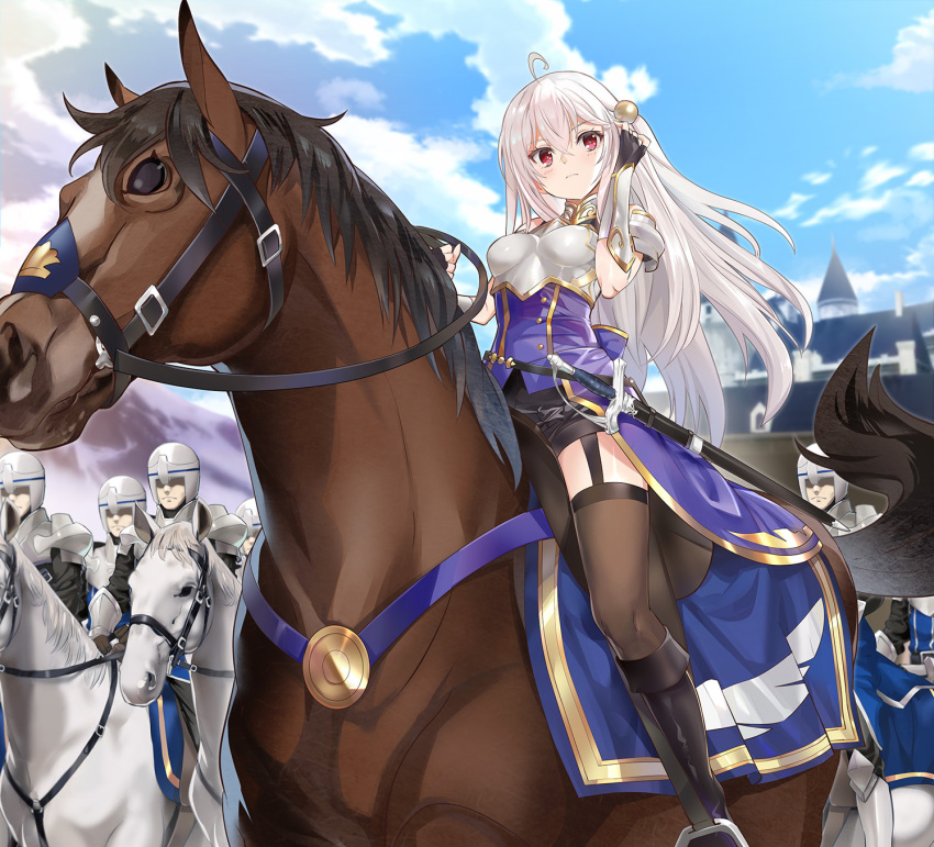 1girl, ahoge, amber_(gemstone), armor, bangs, black_footwear, black_gloves, black_legwear