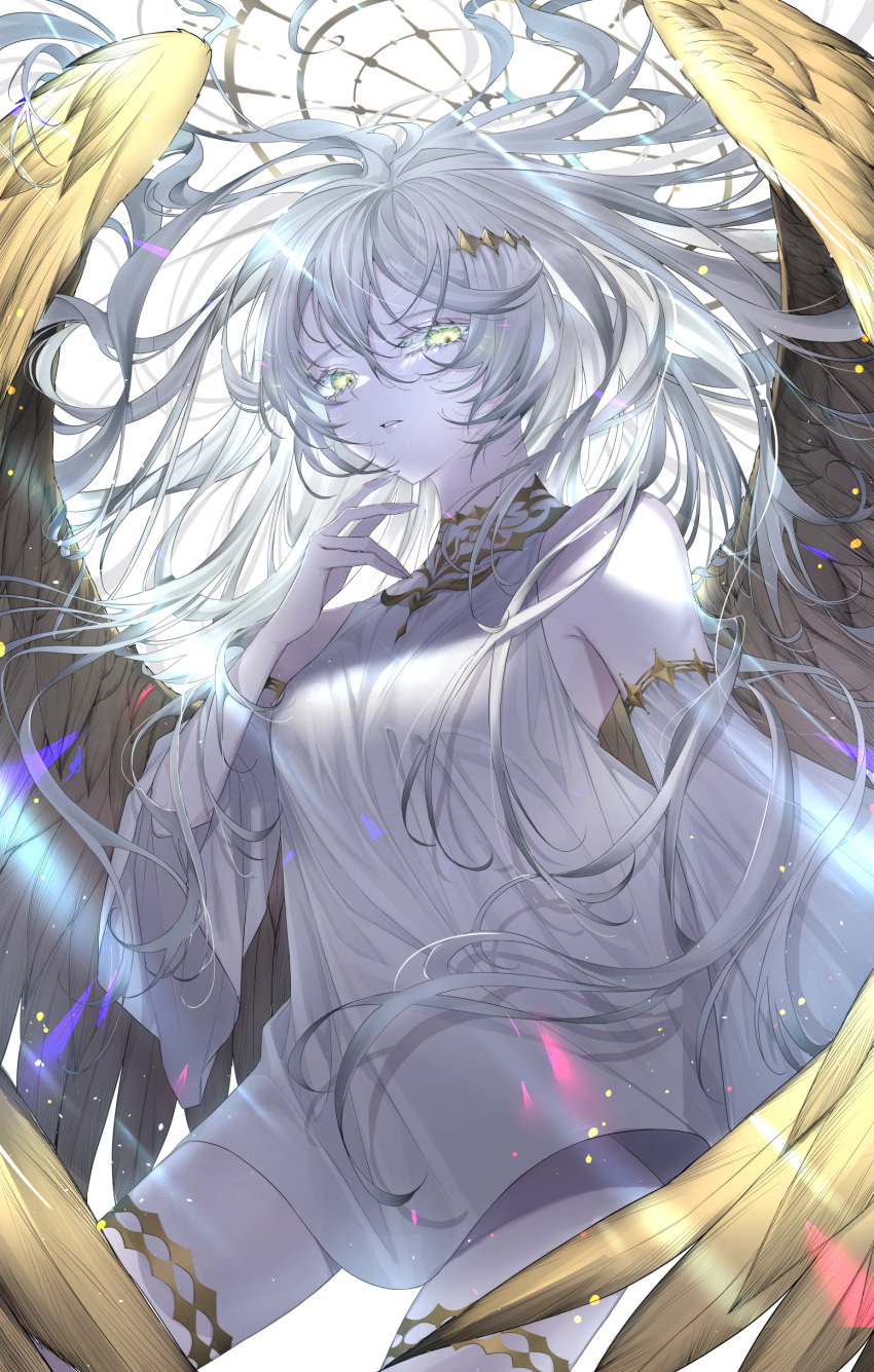 1girl, absurdres, angel, angel_wings, chocolate4170615, detached_sleeves, dress, grey_hair, halo, highres, long_hair, looking_at_viewer, looking_down, original, solo, thigh_strap, very_long_hair, white_background, white_dress, wings, yellow_eyes